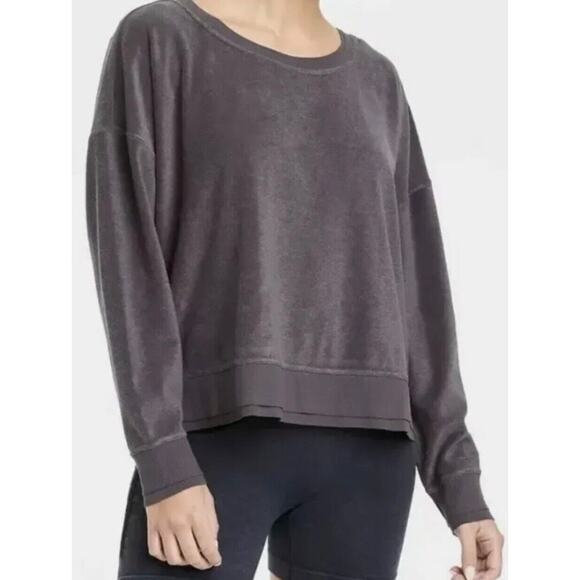Joy Lab Dark Gray Long Sleeve Crop Terrycloth Sweater Faux Wrap Open V-Back SM - Picture 2 of 16